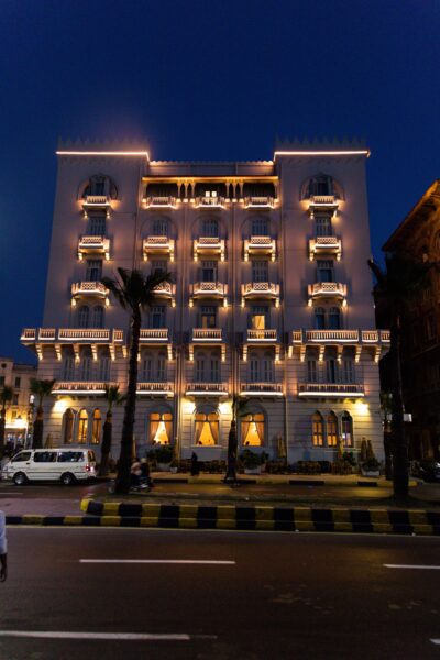 A hotel in Alexandria at night