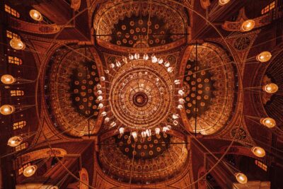 The lights on the ceiling of one of the mosques