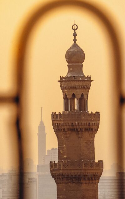 The minaret of the mosque in Cairo