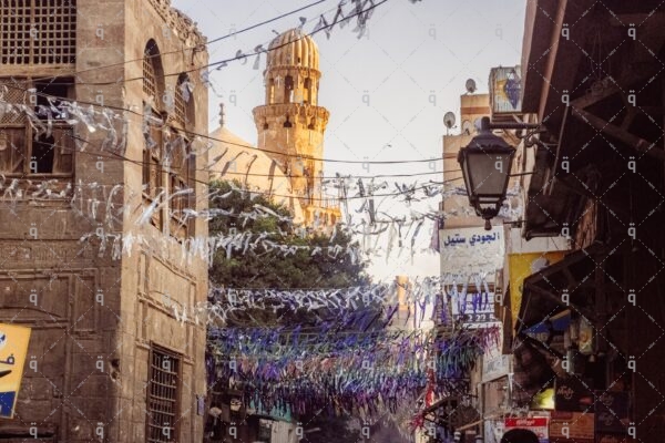 Ramadan decorations behind a mosque